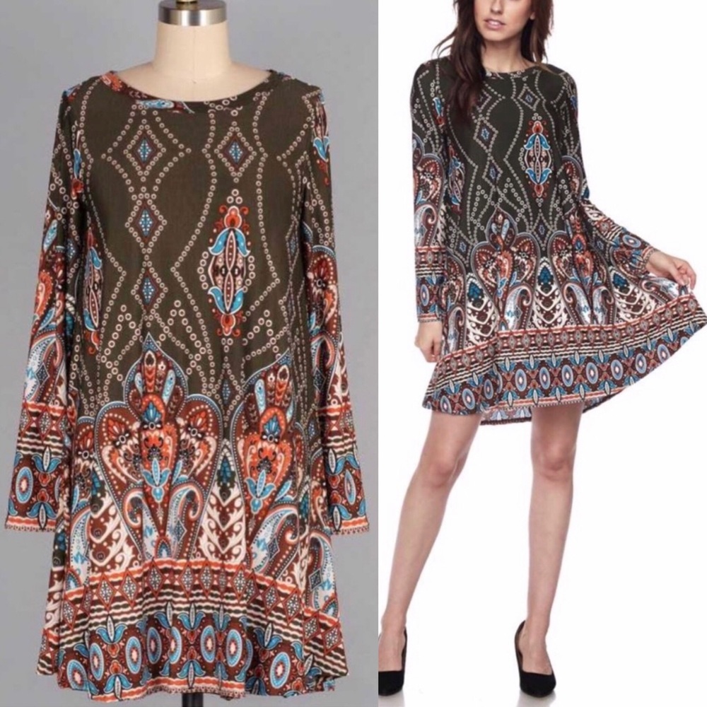Long Sleeve Baroque Print Tunic Dress